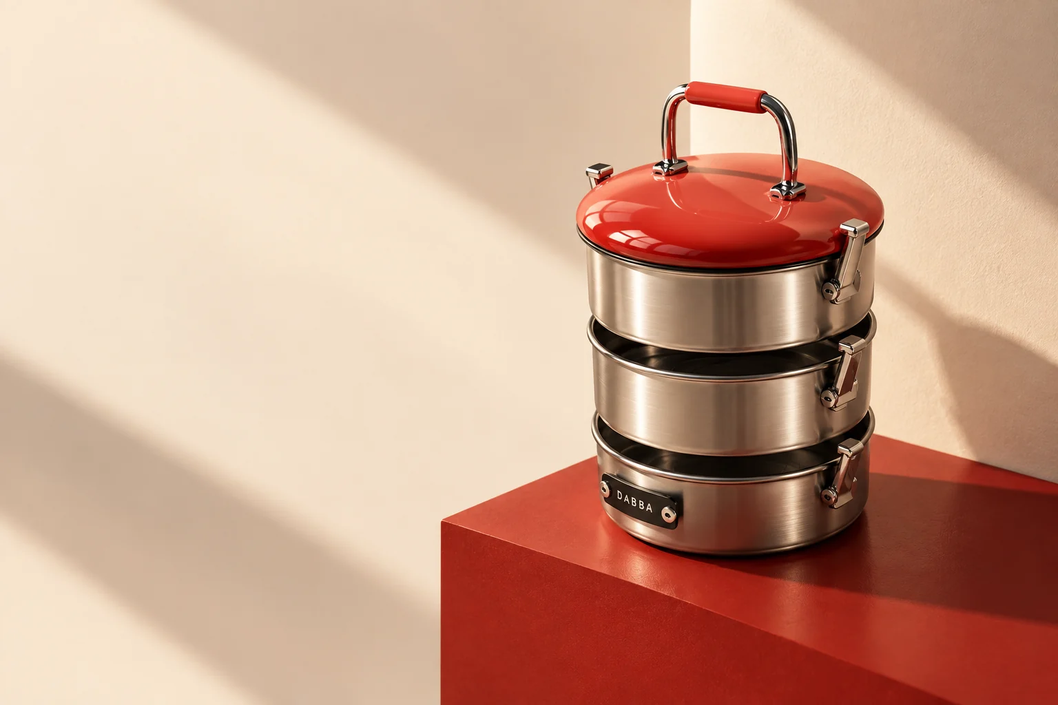 DABBA three-tier steel carrier with vermilion enamel lid / Websauce art direction