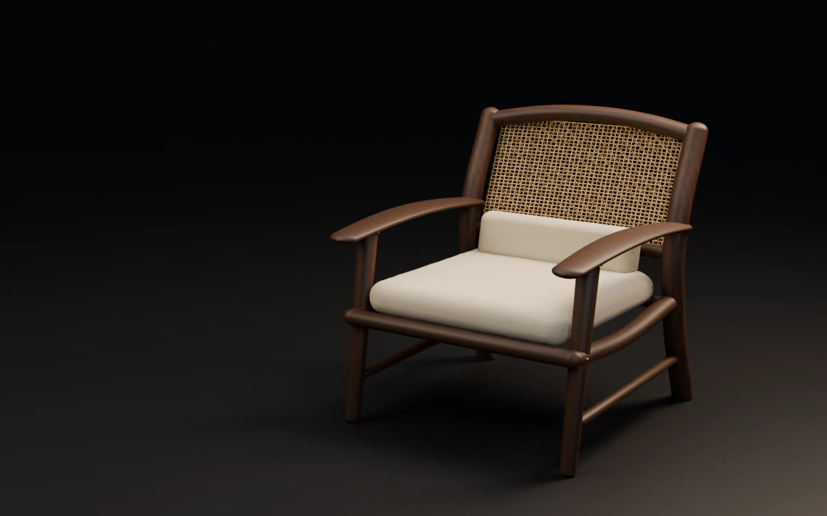 Original Blender campaign study of the same cane and timber chair on an ink stage with a vermilion backdrop