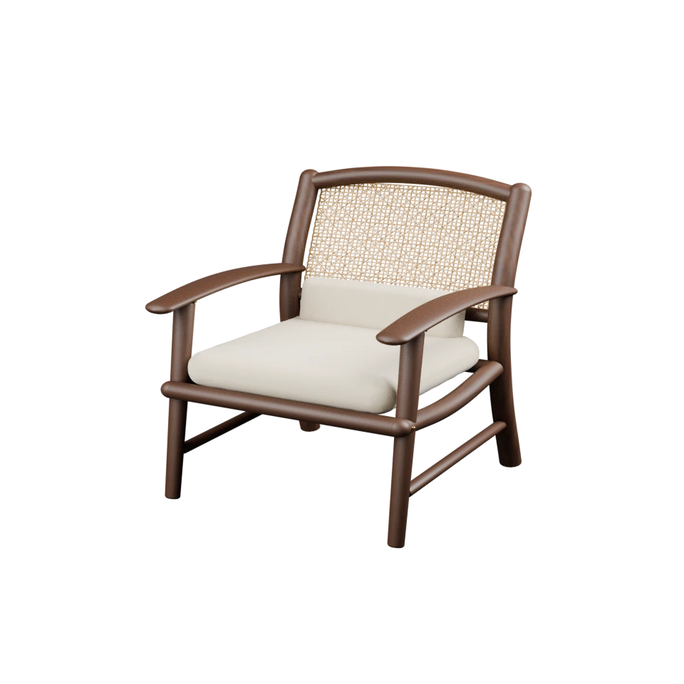Transparent catalogue cutout of the original cane and timber chair, rendered in Blender