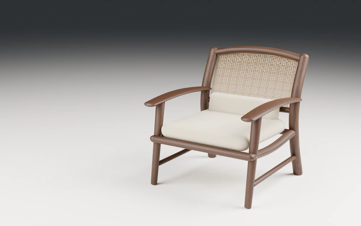 Original Blender product study of a cane and timber lounge chair