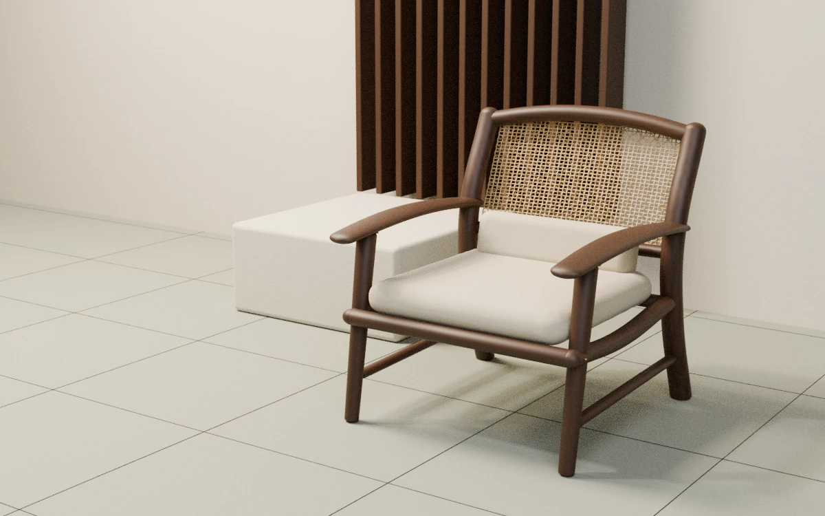 Original Blender study of the same cane and timber chair in a contemporary Indian interior