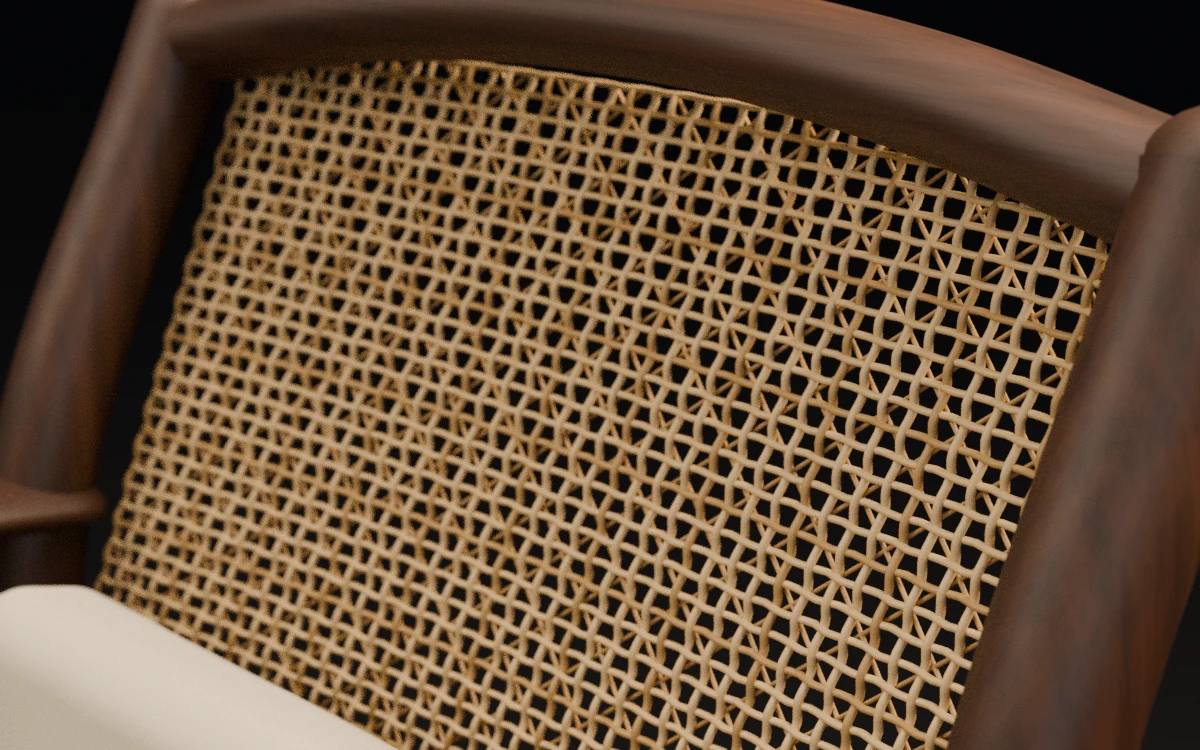 Original Blender close-up of the chair’s cane weave and timber joinery