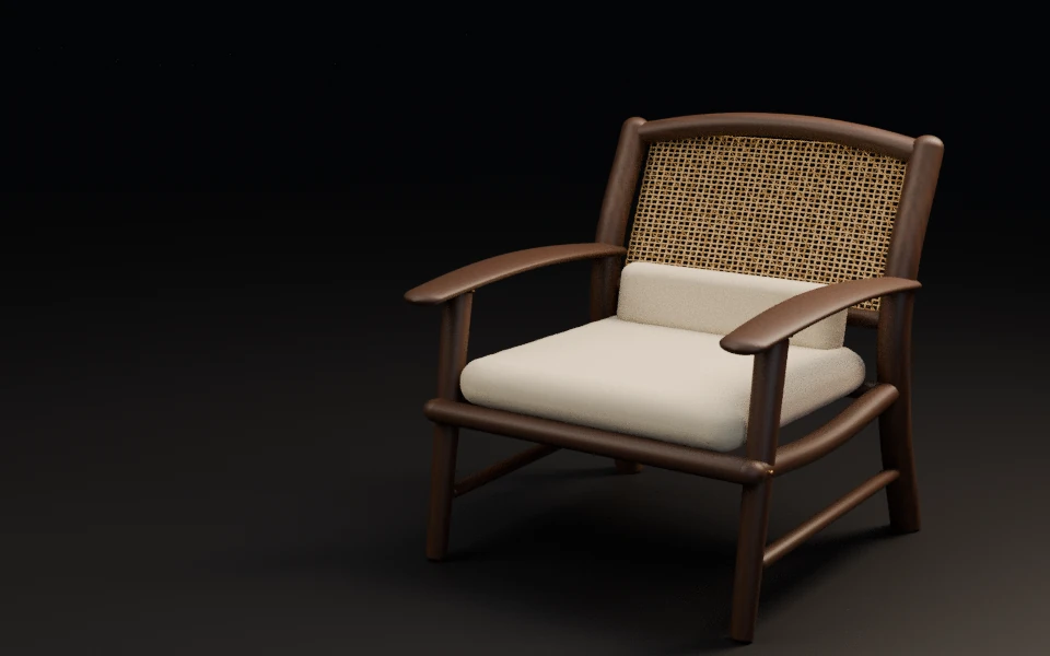 Original Blender cane and timber chair on a dark studio stage