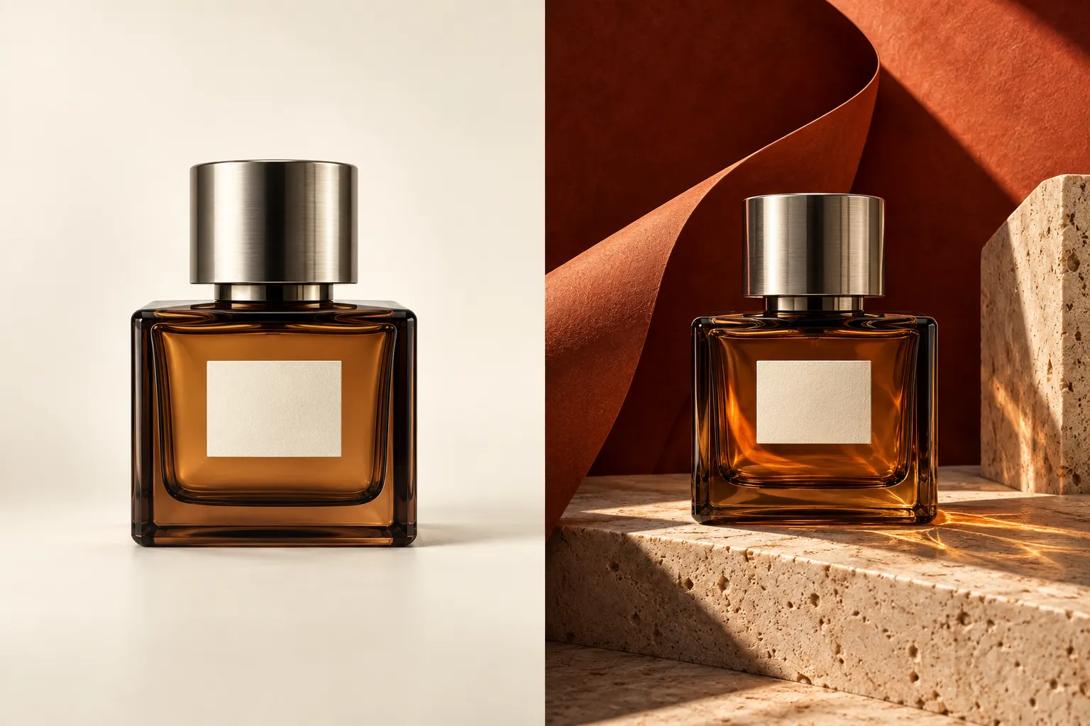 Amber fragrance bottle with chrome cap / Websauce art direction